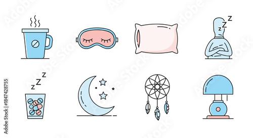Flat design icons depicting objects and concepts associated with getting a good night's sleep and relaxation.