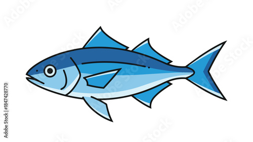 A stylized illustration of a streamlined blue fish with sharp fins swimming against a pure white background