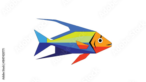 Geometric Abstraction of a Vibrant, Colorful Fish Depicted with Sharp Edges and Bold Hues