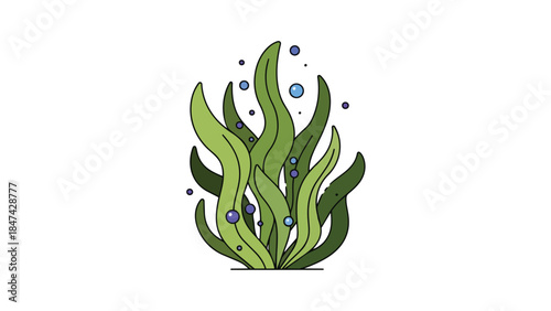 Stylized aquatic plant illustration with vibrant green fronds and floating bubbles, perfect for marine themes and underwater scenes