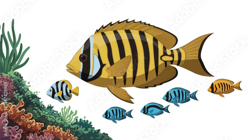 Captivating underwater scene featuring a school of tropical fish swimming near vibrant coral reef formations and aquatic plants