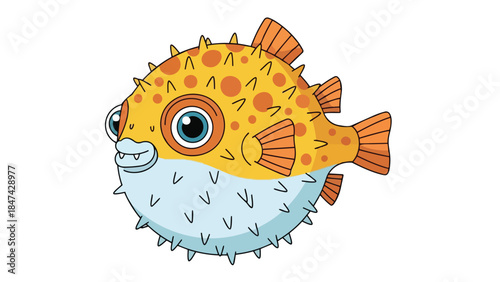 A charming cartoon illustration of a spiky pufferfish with big blue eyes and a playful expression, perfect for children's content