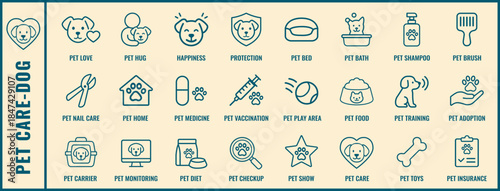 Pet Care Line Icon Set for Dog – 24 Vector Pictograms for Veterinary and Animal Health