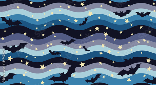 A seamless pattern of flying bats and shining stars against a wavy night sky with varying blue and dark blue stripes, suitable for Halloween.