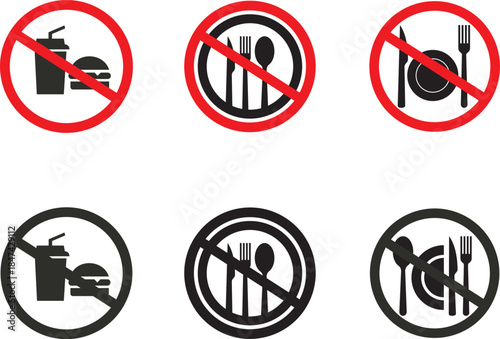 Food and Beverage Restriction Icon Collection – No Eating or Drinking Allowed Flat Vector Signs for Public Areas