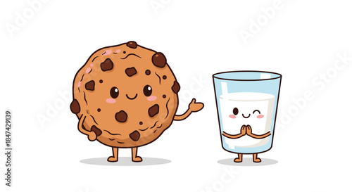 An adorable chocolate chip cookie character happily gestures towards a cute glass of milk, both depicted with charming cartoon faces.