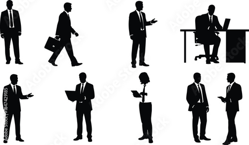 Businessperson silhouettes, office activity vector, corporate interaction illustration, black and white art, cad drawing flat vector illustration, professional workplace scene icons