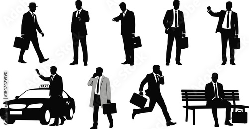 Businessman silhouettes, professional activity vector, corporate routine illustration, black and white art, cad drawing flat vector illustration, office lifestyle icons