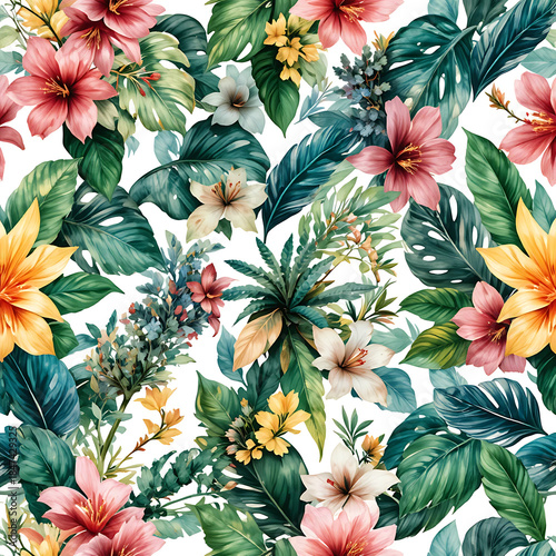 Tropical Watercolor Pattern: A vibrant and lush watercolor illustration of tropical leaves and flowers, perfect for adding a touch of paradise to any design.