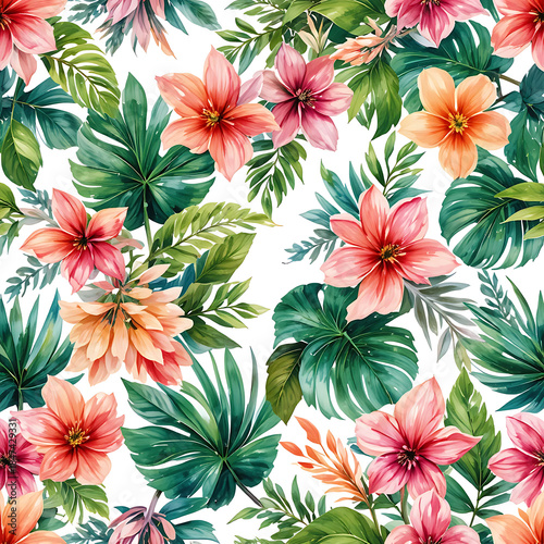 Tropical Watercolor Pattern: A vibrant and lush watercolor illustration of tropical leaves and flowers, perfect for adding a touch of paradise to any design.