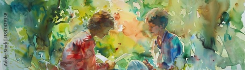 A watercolor painting of friends exchanging letters and sharing stories, capturing the charm and emotional connection of traditional communication methods