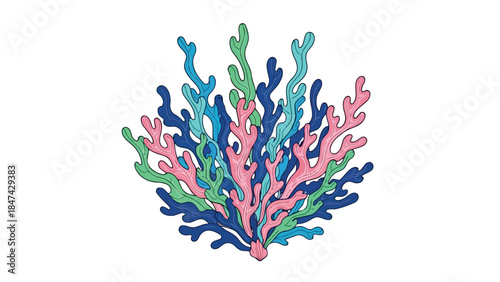 A vibrant and playful illustration of colorful branching coral formations in shades of blue pink and green against a stark white background