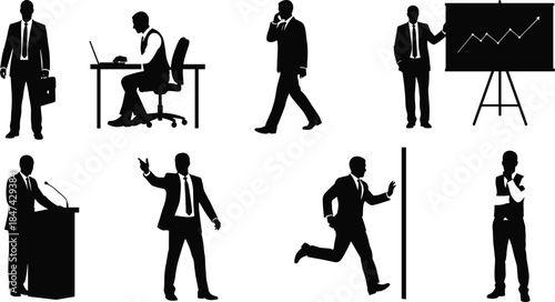 Businessperson silhouettes, professional activity vector, corporate action illustration, black and white art, cad drawing flat vector illustration, workplace scenario icons