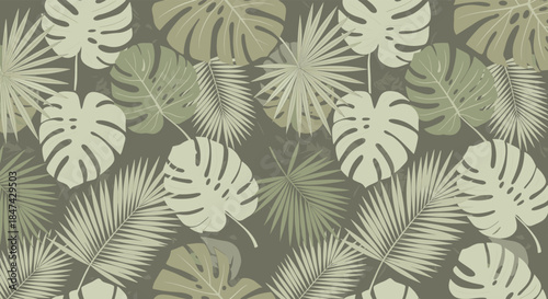 A seamless vector pattern of tropical foliage, showcasing monstera and palm leaves in a muted palette of green and beige on a dark background.