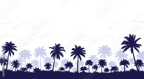 Silhouette of a vibrant tropical landscape featuring various palm trees and dense foliage against a light sky with subtle clouds.