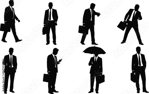 Businessperson silhouettes, professional posture vector, corporate activity illustration, black and white art, cad drawing flat vector illustration, office lifestyle icon set