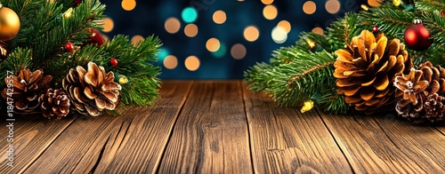 Rustic Wooden Table with Christmas Decorations