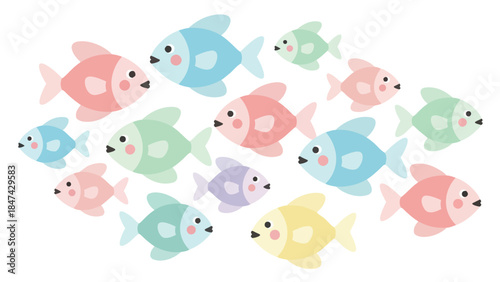 A School of Adorable, Whimsical Cartoon Fish Swimming in a Gentle Current
