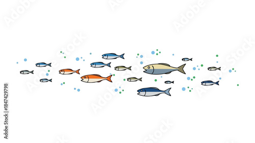 A school of diverse cartoon fish gracefully swims in a playful aquatic scene with scattered bubbles creating a whimsical underwater panorama