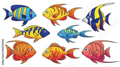 A vibrant collection of stylized aquatic creatures with bold patterns swimming in formation against a clean backdrop