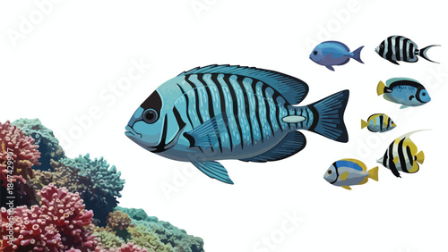 A Vibrant School of Tropical Fish Gracefully Navigates a Colorful Coral Reef Environment