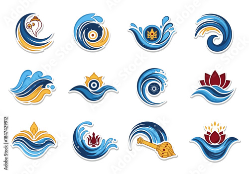 Vibrant Aquatic Elements Decorative Water Wave Illustrations with Lotus Flower Accents