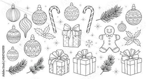 Festive hand-drawn Christmas holiday elements featuring ornaments, candy canes, a gingerbread man, holly, pine branches, and gift boxes.