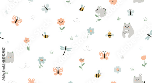 Charming seamless pattern with cute cartoon animals, friendly insects, and cheerful flowers in a pastel palette on a white background.
