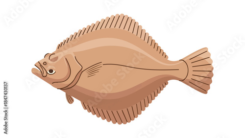 Stylized illustration of a flatfish, a marine creature with a flattened body and distinctive asymmetrical features, presented against a plain