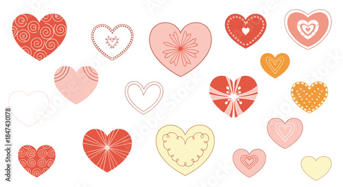 A charming collection of decorative hearts in red, pink, orange, and yellow, featuring diverse patterns for romantic and celebratory designs.