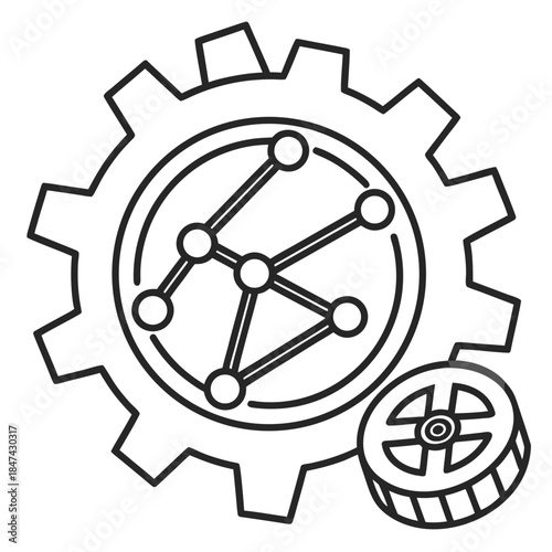 Network Engineering Gear: A symbolic representation of interconnected network systems and technological progress, rendered in monochrome.