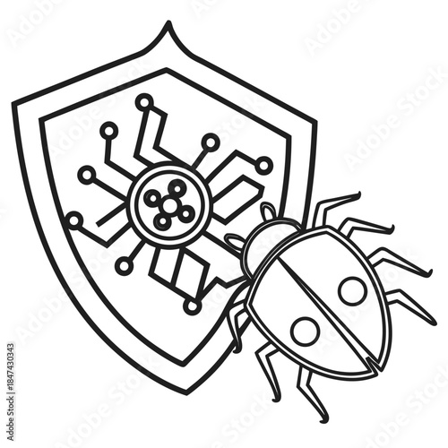 Cyber Security Bug and Shield: A symbolic representation of digital security, featuring a shield protecting against a computer bug, highlighting cybersecurity concepts. 