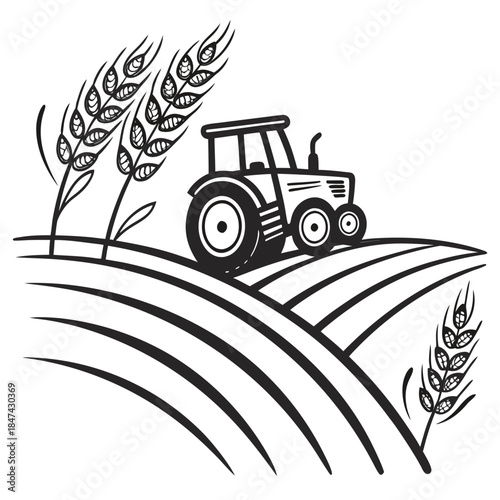 Farm tractor on field of wheat: This image depicts a tractor plowing through a field of wheat, a symbol of agricultural prosperity. The scene evokes a sense of harvest, rural life.