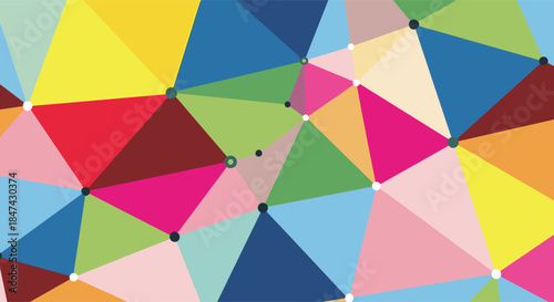 Vibrant abstract background featuring a complex tessellation of multicolored triangles interconnected by a network of diverse nodes.