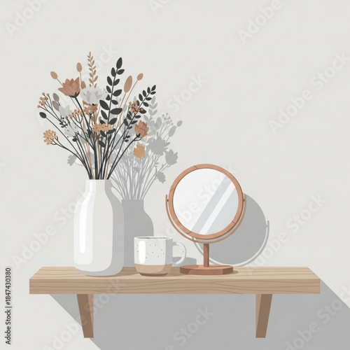 Vase of dried flowers and a mirror on a shelf minimalist home decor interior design concept for lifestyle and wellness