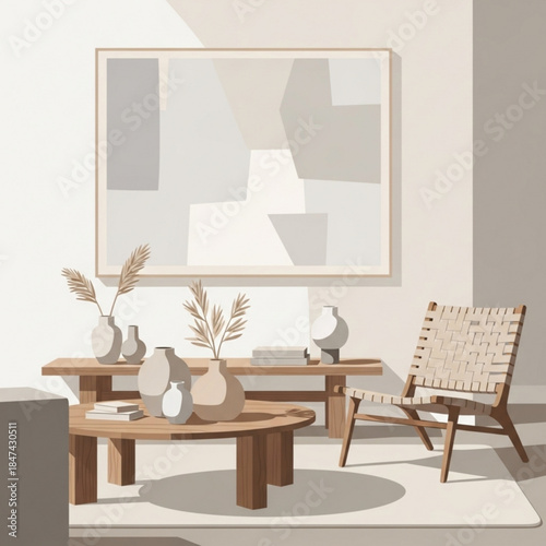 Modern living room with minimalist furniture and abstract art neutral color palette cozy interior design for home decor and lifestyle concepts