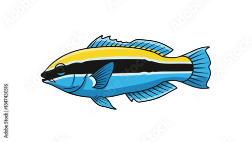 Vibrant Aquatic Creature Illustration With Striking Blue and Yellow Coloration and Distinctive Black Mid-Body Stripe