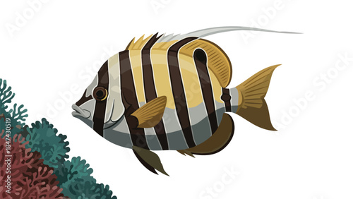 Striped Marine Dweller Immersed in Oceanic Reef Ecosystems with Vibrant Coral Formations