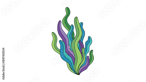 Vibrant underwater flora with flowing strands of green, blue, and purple hues, a marine botanical illustration