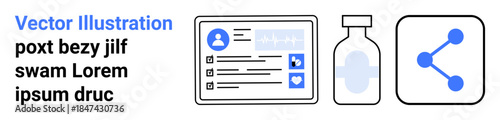 Healthcare, technology, digital records, medicine, vaccination, communication. Tablet with user profile, vaccine bottle share symbol. Healthcare and technology for digital records and medicine