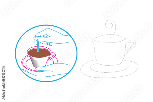 Hand-drawn illustration of hot chocolate with marshmallows isolated on a white background