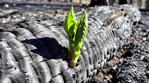 A small green leaf grows on a burnt tire in a desolate landscape with charred remains.