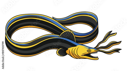 Stylized Illustration of a Moray Eel with Striking Black, Yellow, and Blue Patterns