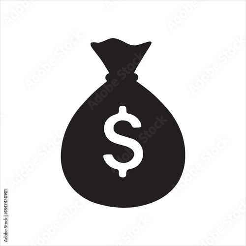 Black silhouette of a money bag with dollar sign finance and business success concept representing wealth and financial security with a vector illustration