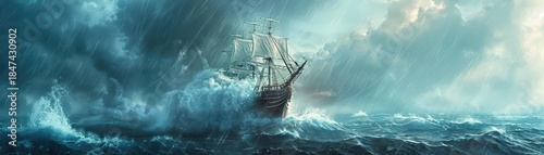 A whimsical 3D illustration of a pirate ship sailing on a stormy sea