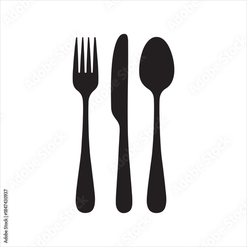 Elegant Black and White Cutlery Set for Dining and Culinary Illustrations Featuring a Fork Knife and Spoon on White Backdrop
