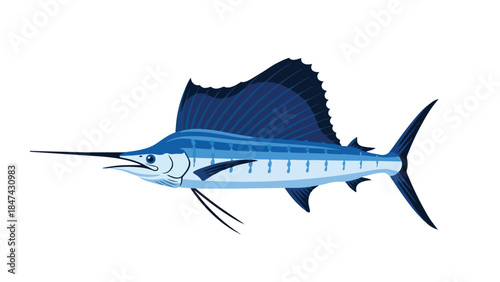 Majestic blue marlin illustration depicting its sleek form and vibrant dorsal fin against a clean white backdrop