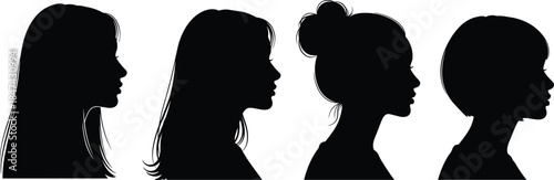 Black Female Silhouette Profiles with Diverse Hairstyles in Side View for Fashion, Beauty, Hair Styling, and Character Design Concepts