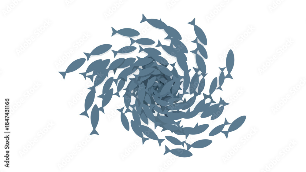 Fototapeta premium A unified school of small fish forming a dynamic swirling pattern against a stark white background