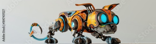 A whimsical 3D model of a robot dog with expressive eyes and wagging tail